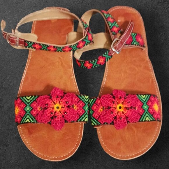 Handcrafted  Sandals With Beaded Floral Design Multicolor Size 5.5 - Picture 1 of 7